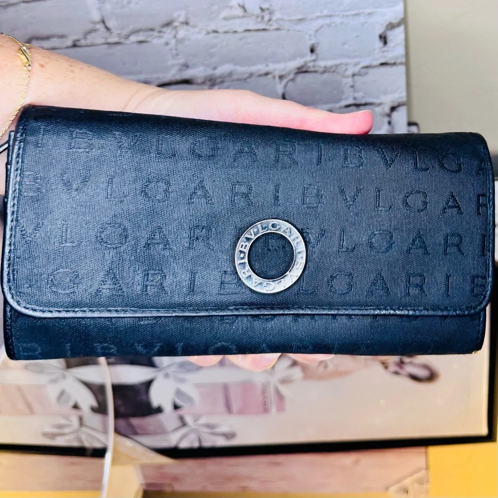Bvlgari Black Canvas Long bifold Wallet with zipper pouch - Afordable Luxury - Picture 10 of 17
